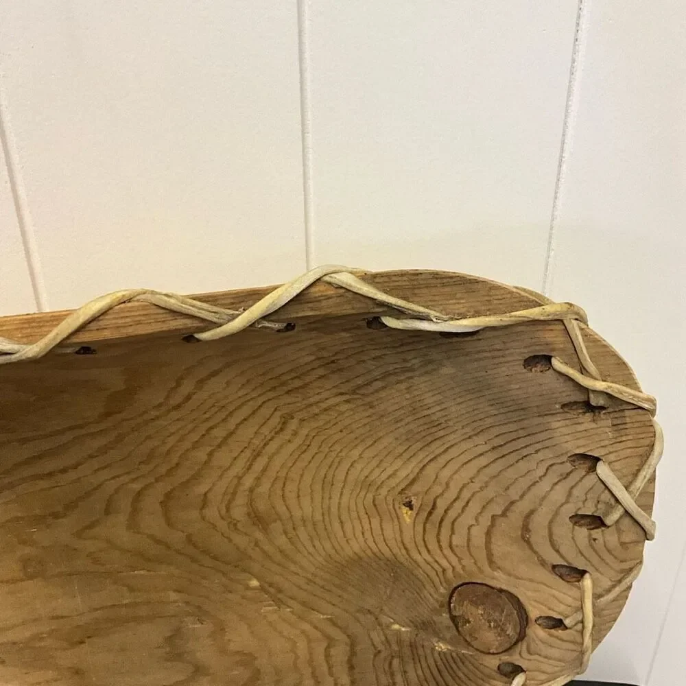 Vintage Handmade Carved Wooden Birch Bark Accent Bowl Tray Brown Lace Up Design